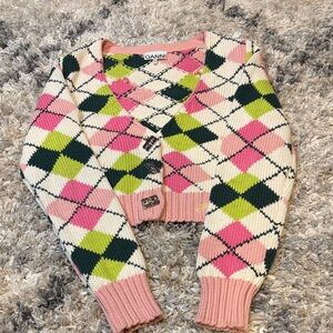 Ganni Cropped Argyle Knit Cardigan in Pink, Green & Cream